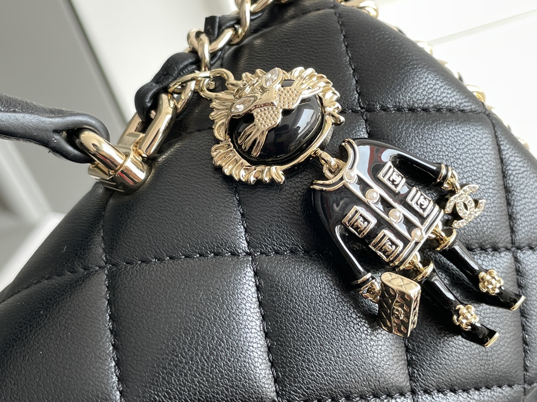 Classic Flap Mini Bag with Top Handle in Black Quilted Grained Lambskin with Gold-Tone Hardware - Mocuir