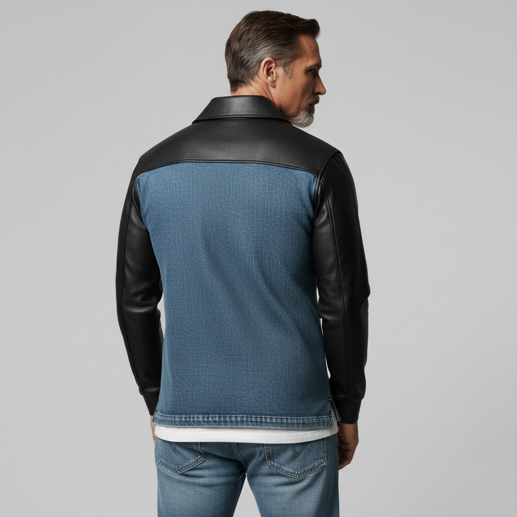 Men's Blue Denim PU Leather Patchwork Long Sleeve Half Button Polo Shirts