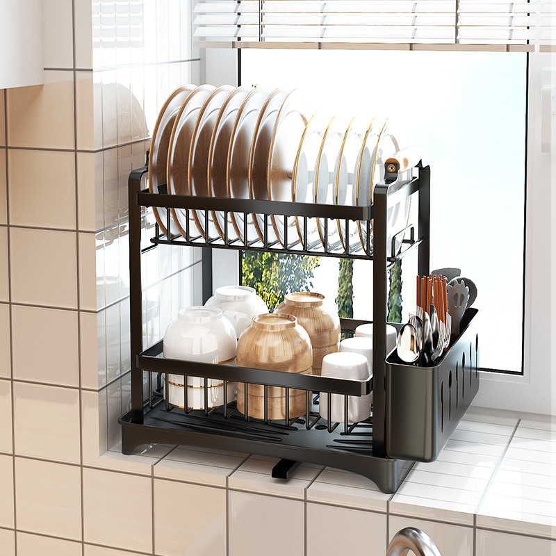 Dishes storage rack sink drain bowl rack shelf kitchen table top mounted dishes and chopsticks cupboard double drain storage box
