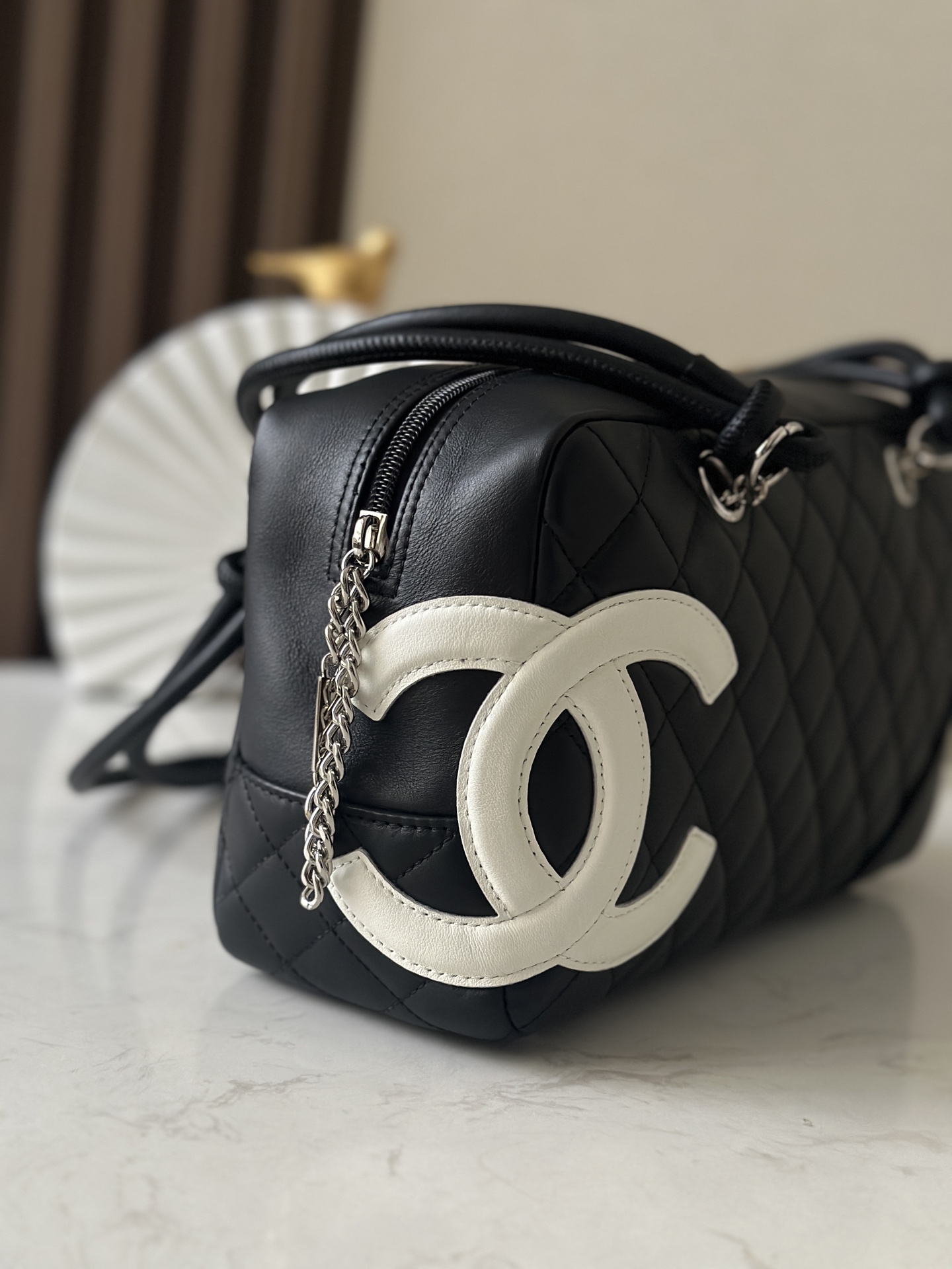 Black & White Quilted Cambon Bowling Bag with Silver Hardware - Mocuir