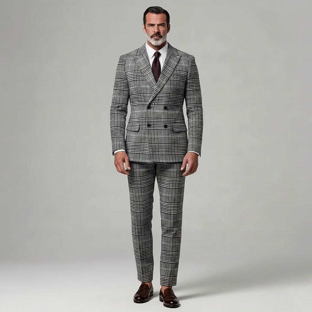 Men's Business Plaid Notched Lapel Long Sleeve Blazer & Straight Leg Pants 2Pcs Set