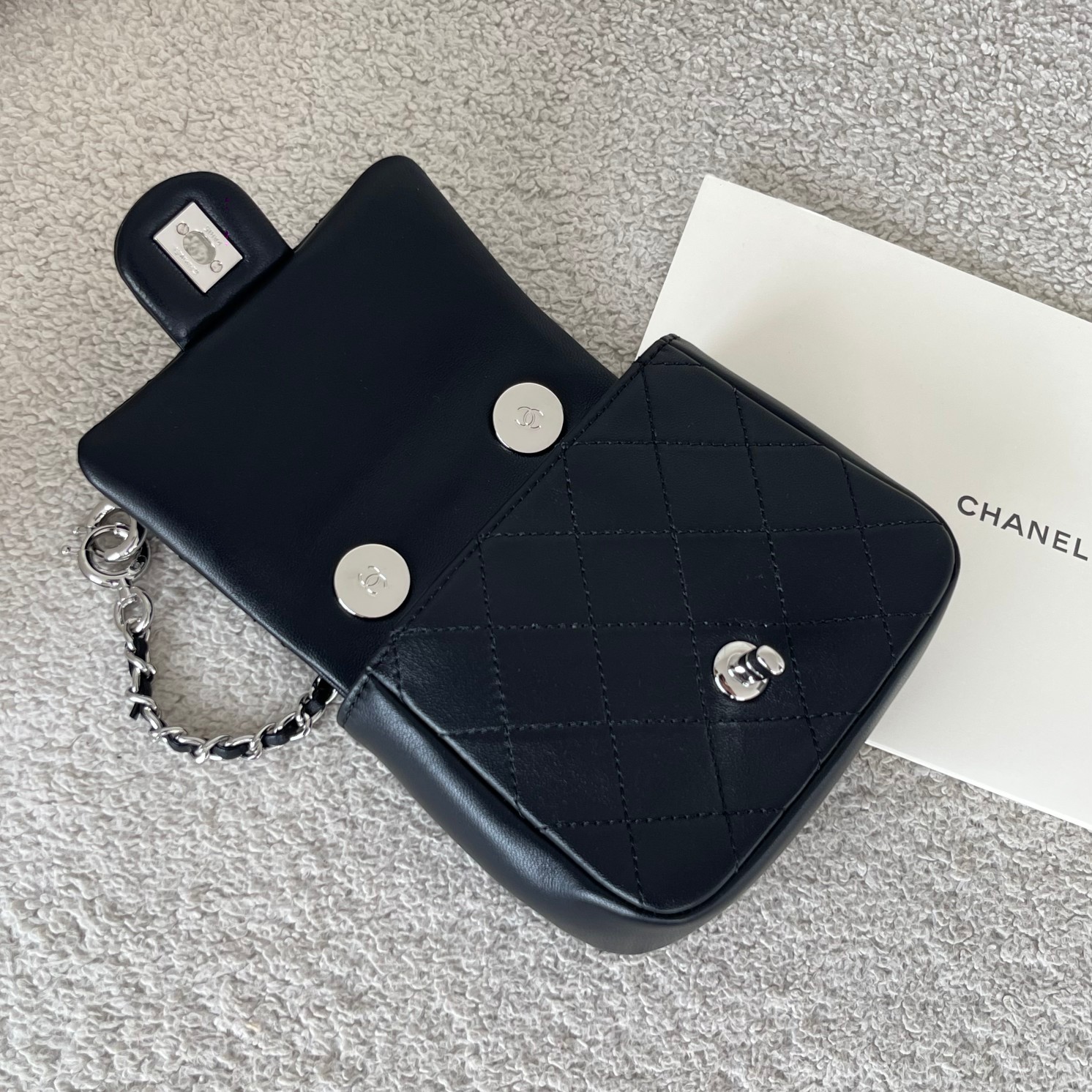 24C Black-Grey Knitted Mesh Tote Handbag with Attached Black Calfskin Mini Flap Bag and Silver-Tone Hardware - Mocuir