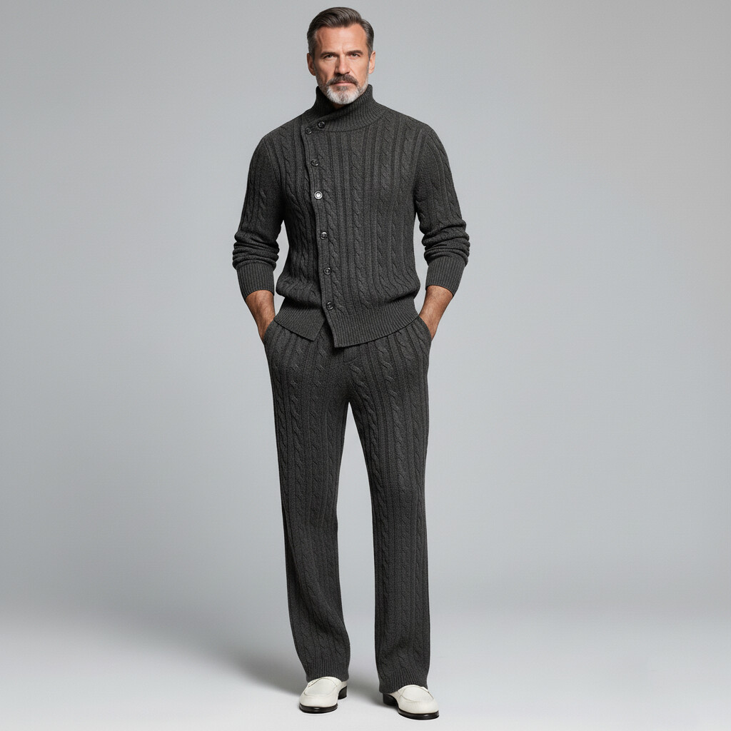 Men's Dark Gray Cable Knit Asymmetrical Button High Neck Long Sleeve Sweater Cardigan & Pocket Pants 2Pcs Set