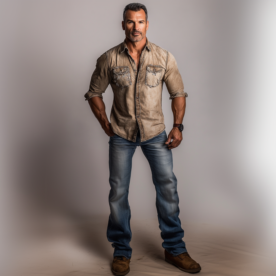 Men's Retro Distressed Denim Single Breasted Long Sleeve Shirt