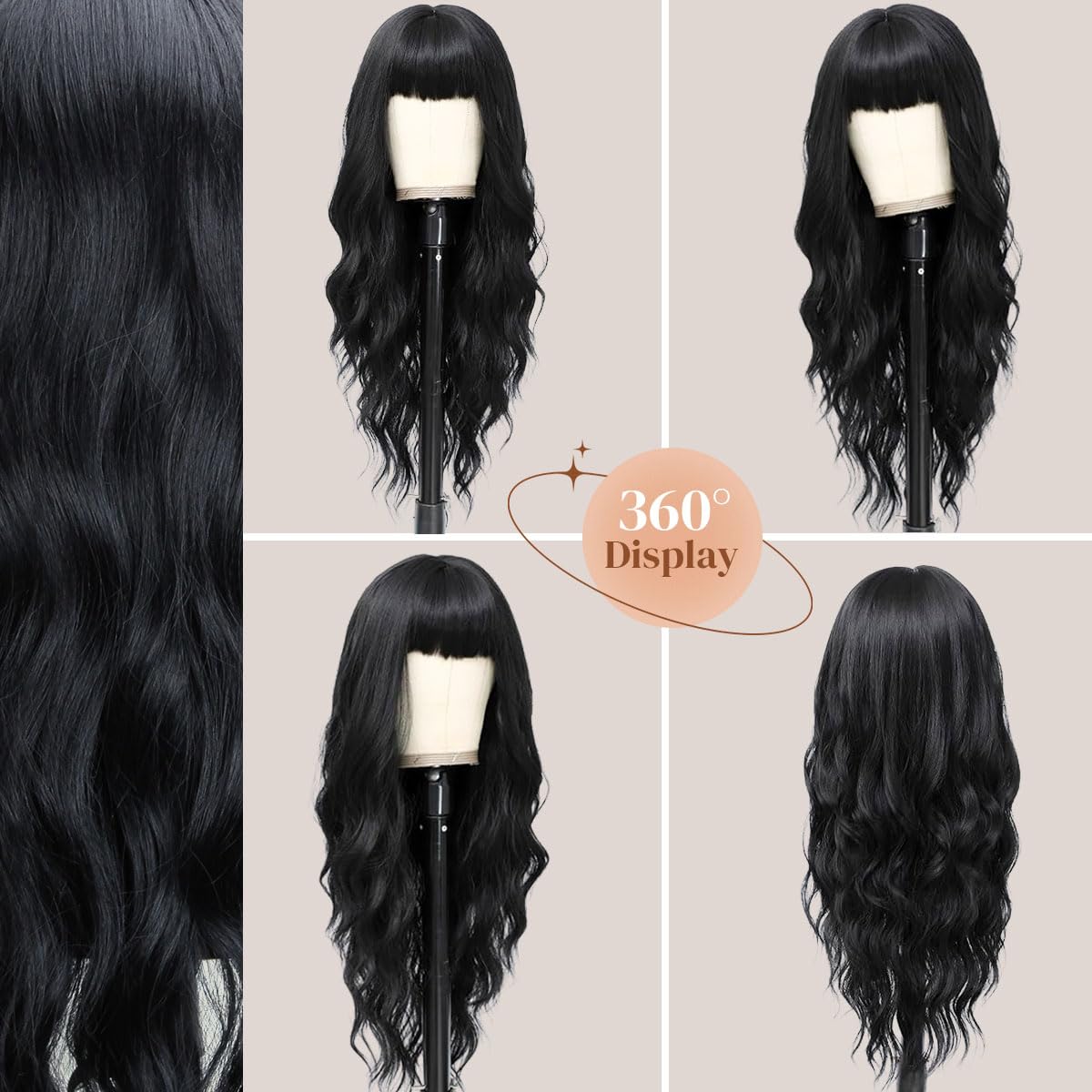 Black Wig with Bangs 26 Inch Long Curly Wavy Wigs for Women Begineer-Friendly Synthetic Wig for Daily Party Holiday Use
