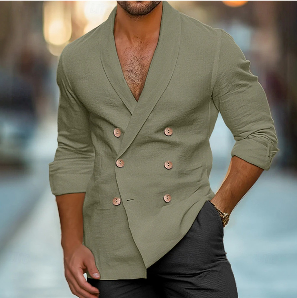 Men's Shawl Lapel Double Breasted Long Sleeve Shirt