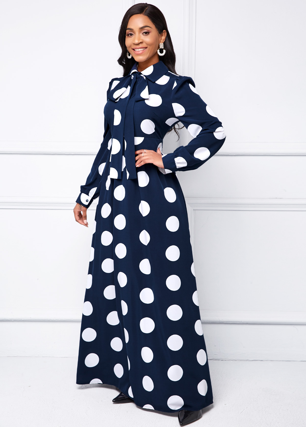 Long Sleeve Turndown Collar Polka Dot Dress