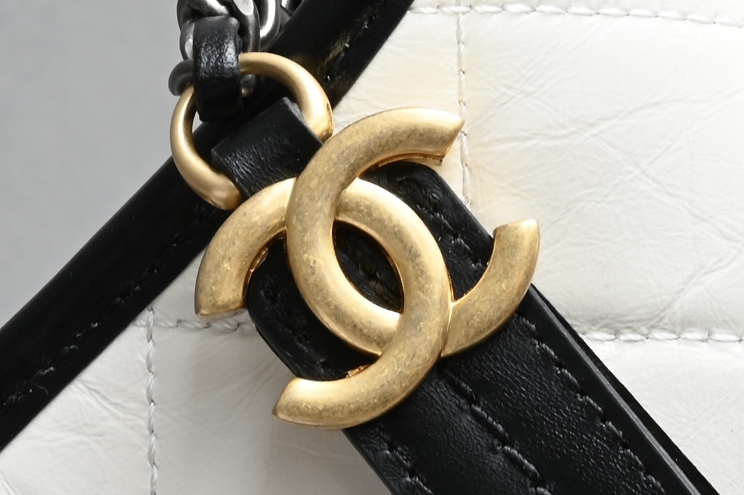 Small Gabrielle Hobo Bag in White and Black Quilted Aged Calfskin with Gold-Tone and Silver-Tone Metal (Model AS0502) - Mocuir