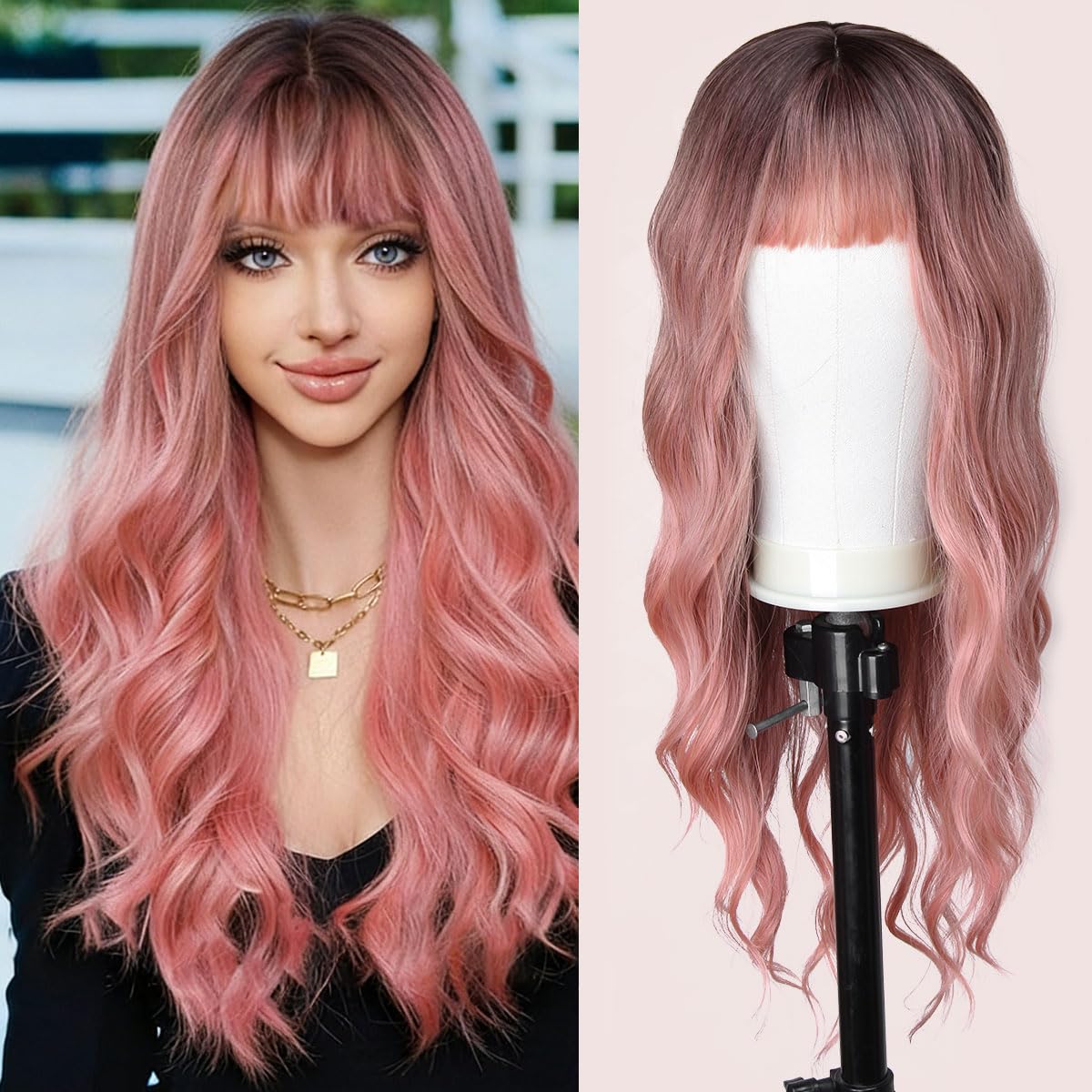 Ombre Pink Wig with Bangs 26 Inch Long Curly Wavy Wigs for Women Begineer-friendly Synthetic Wig for Daily Party Holiday Use