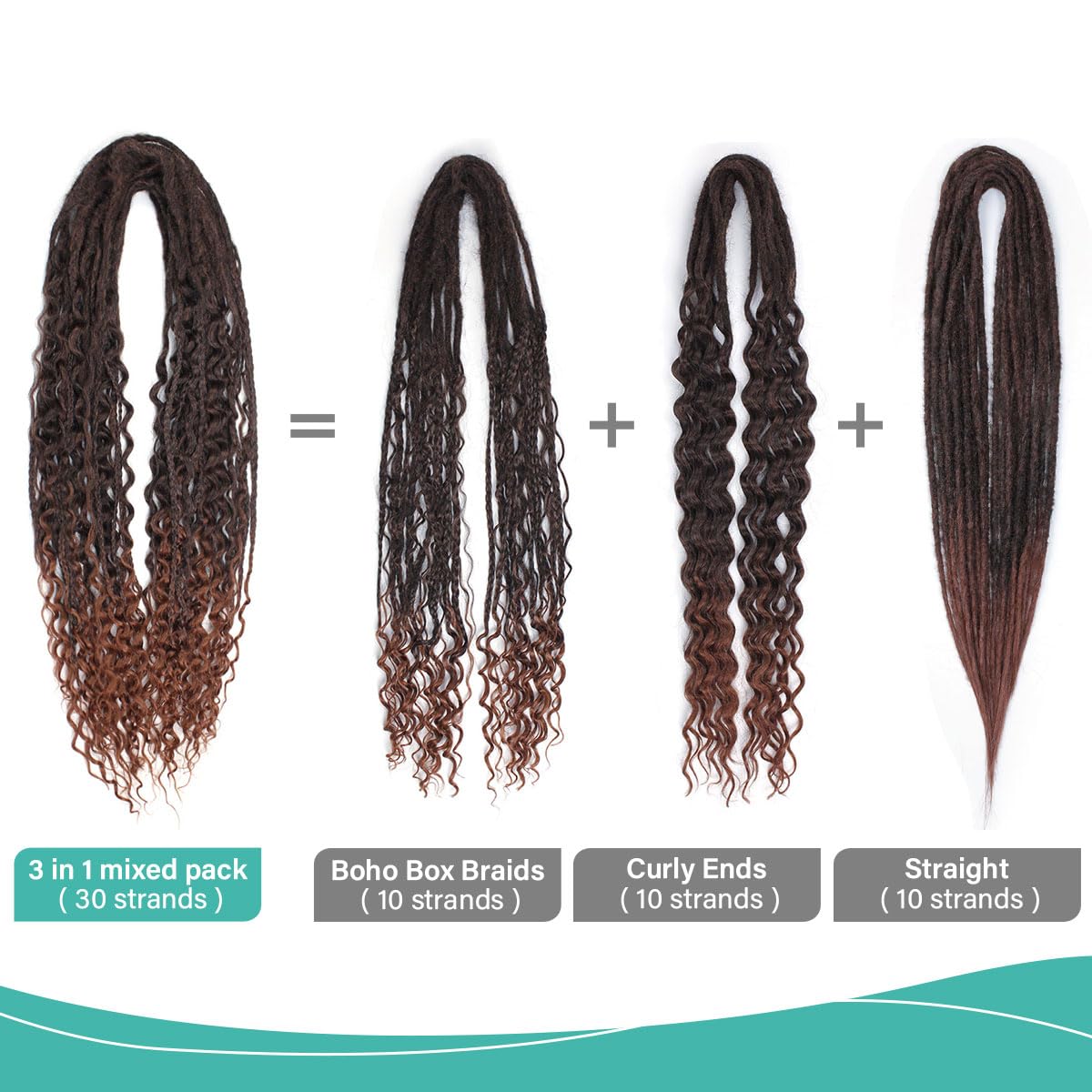 24 Inch 3 In 1 Dreadlock Extensions Sets, 30 Strands Mixed Ombre Auburn Synthetic DE Dreads Extensions, 100% Handmade Soft Double Ended Curly Boho Wavy Dreads for Girls