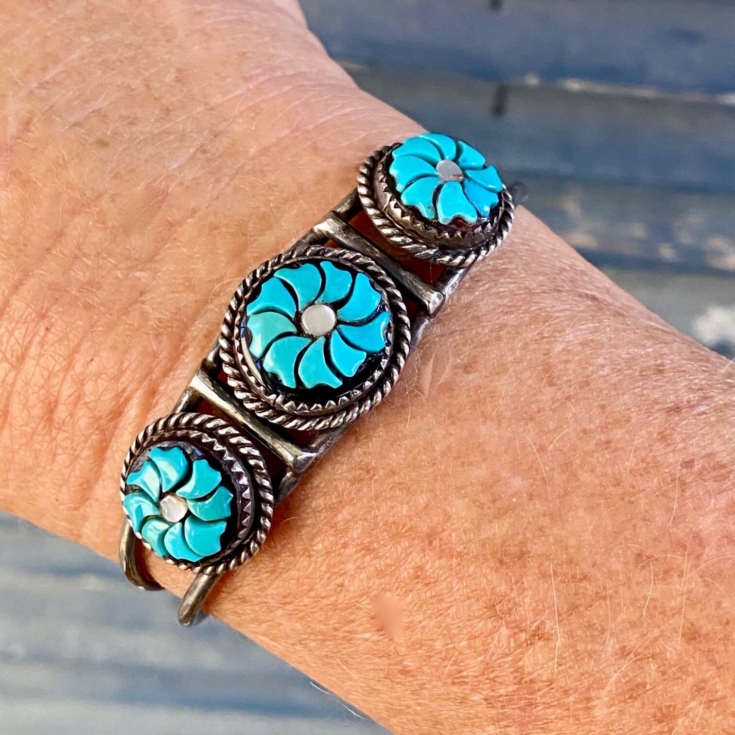 Vintage Zuni Turquoise Flower Bracelet Sterling Silver