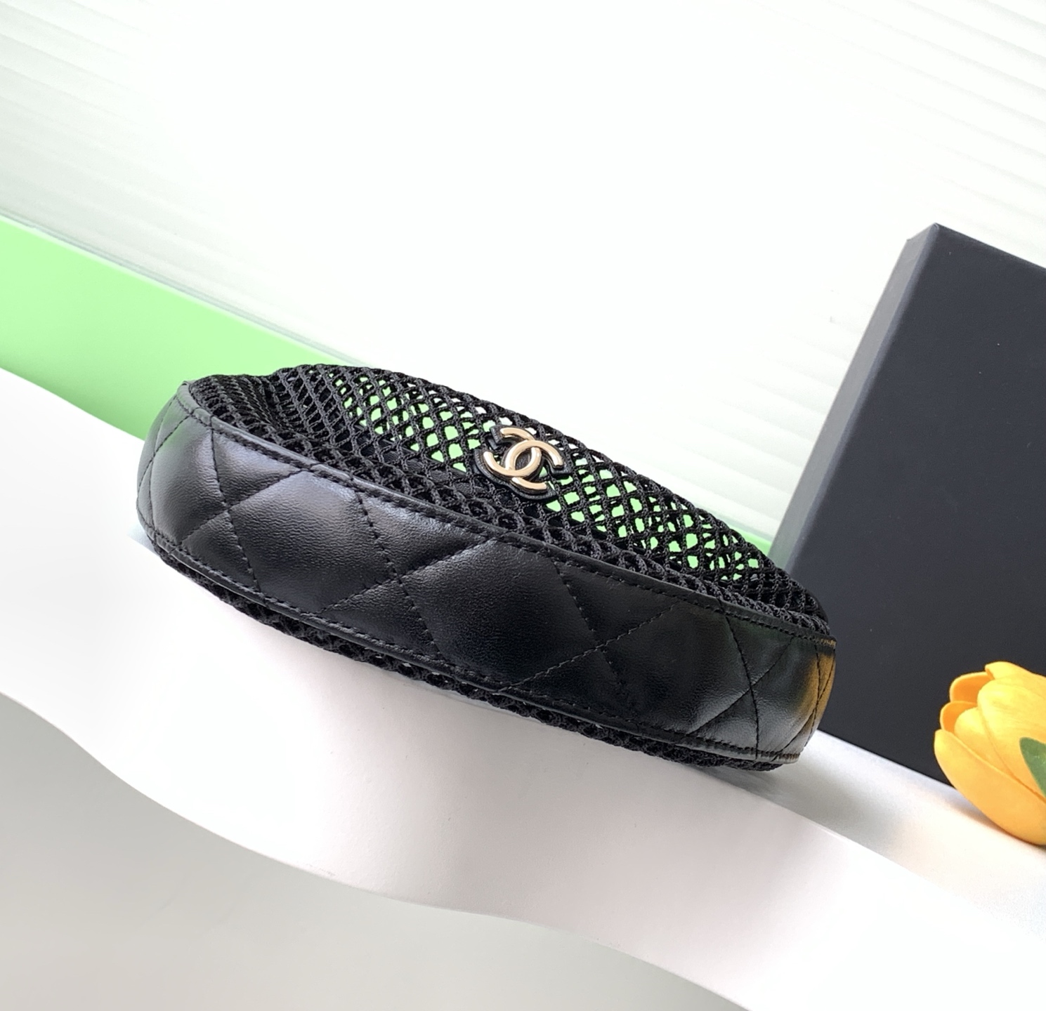 25C Small Mesh Hobo Bag (AS4921) in Black Knit Mesh with Lambskin Trim & Light Gold-Tone Hardware - Mocuir