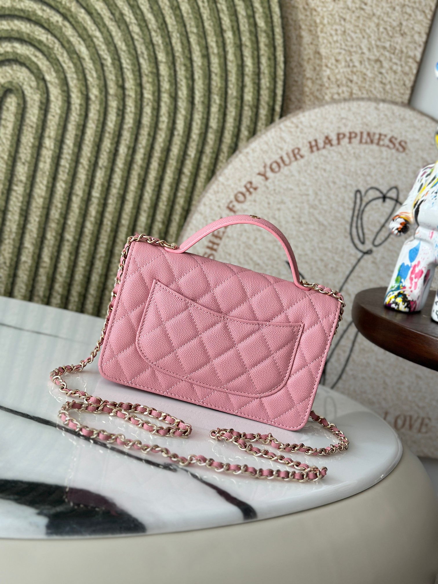 Classic Flap Mini Bag with Top Handle in Sakura Pink Caviar Leather with Light Gold Hardware (Model AP3341) - Mocuir