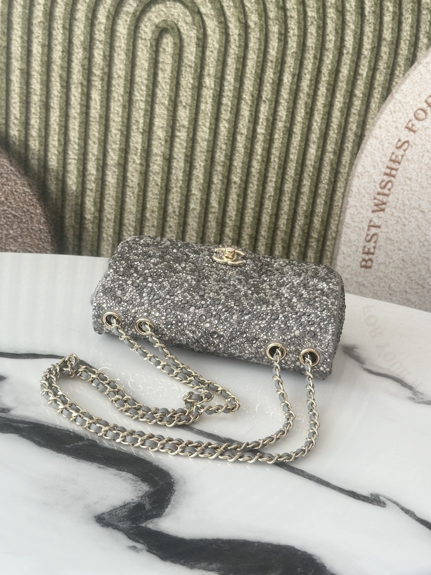 Classic Flap Mini Bag in Silver Grey Strass Crystal Embellished Suede (Gold Hardware) - Mocuir