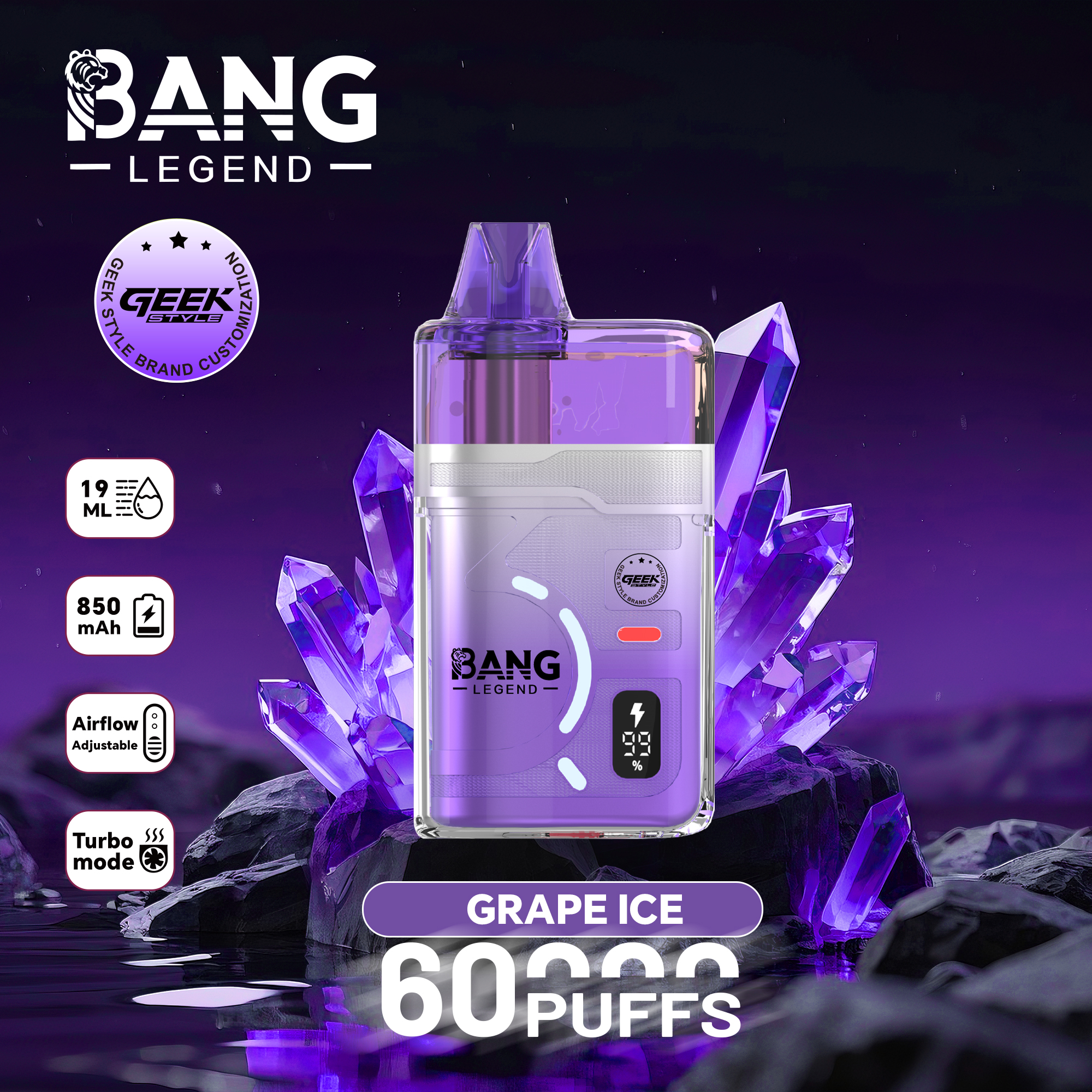 【New Arrive】Bang Legend Geek 60000 60K Puffs Airflow Adjustable & Turbo Mode Disposable Vape