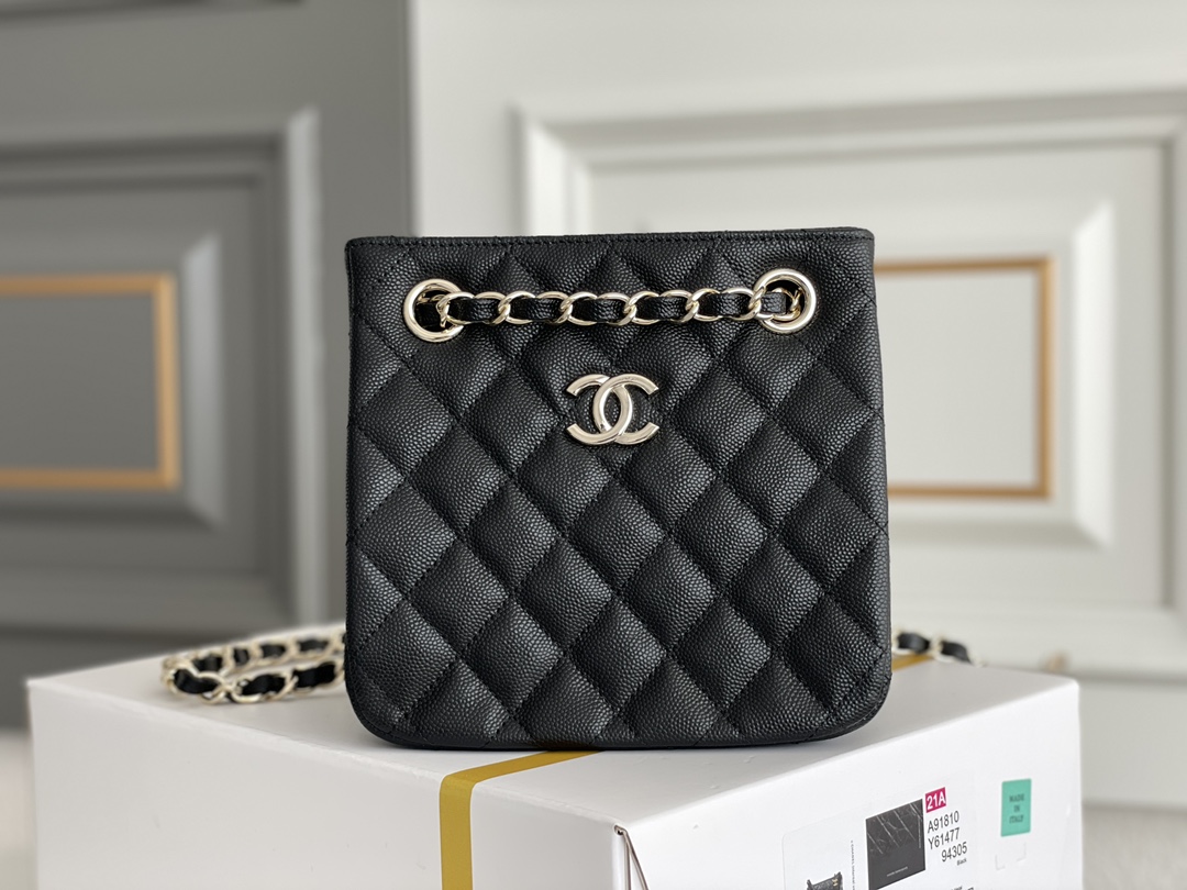 23P Mini Bucket Tote Bag in Black Quilted Grained Calfskin (Caviar) with Silver-Tone Hardware (Model AS3176) - Mocuir