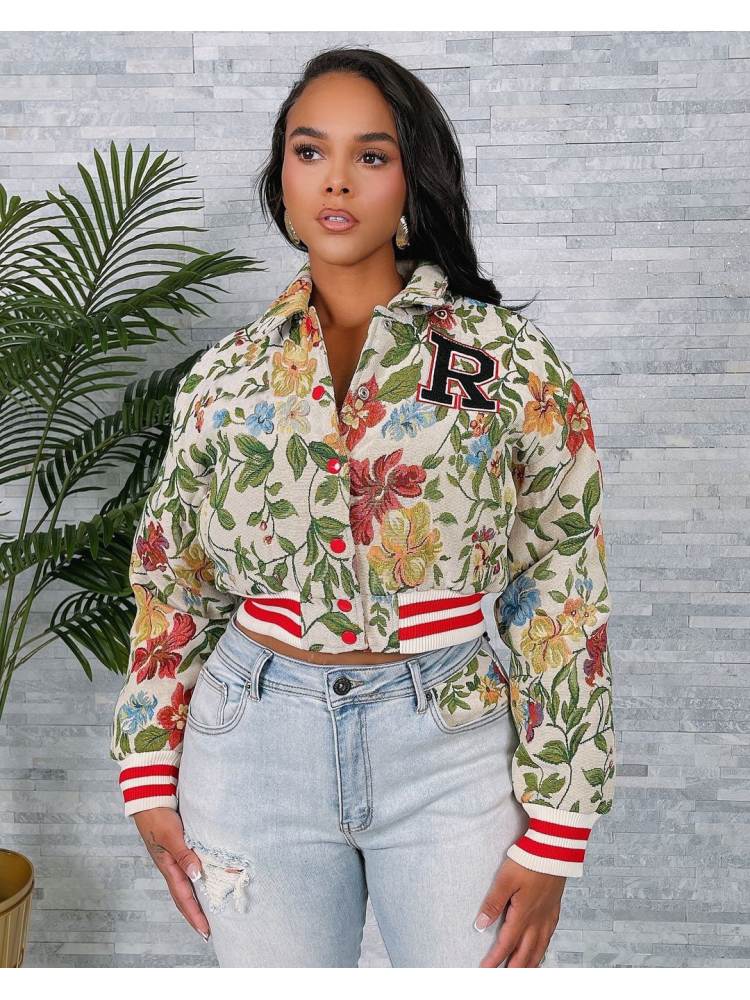 Floral Striped Trim Lapel Cropped Bomber Jacket