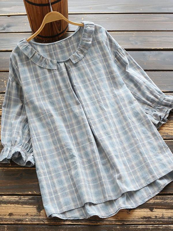 Loose lotus leaf collar plaid short-sleeved shirt casual lady style pullover shirt
