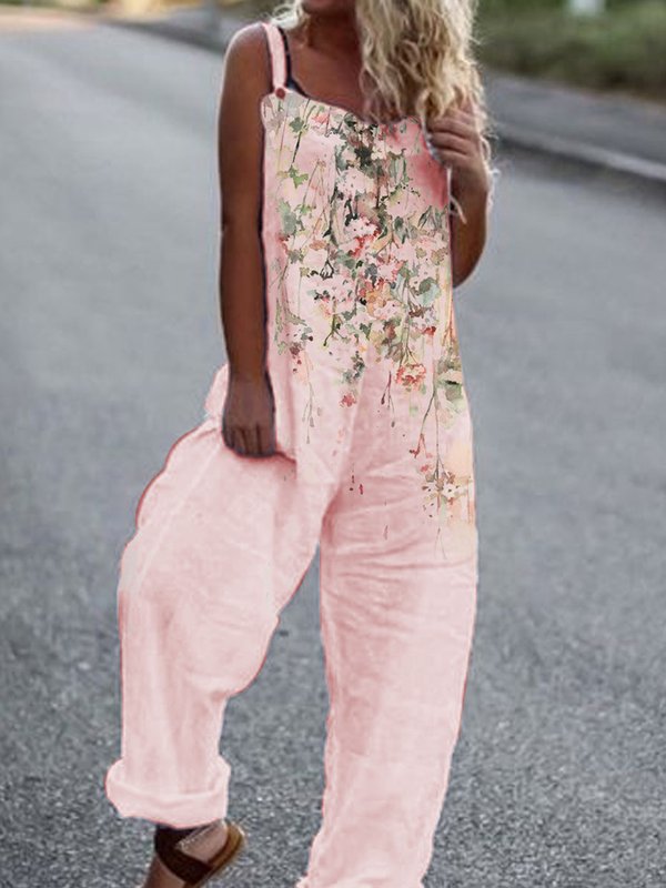 Women's Casual Cotton Linen Printed Suspender Pants