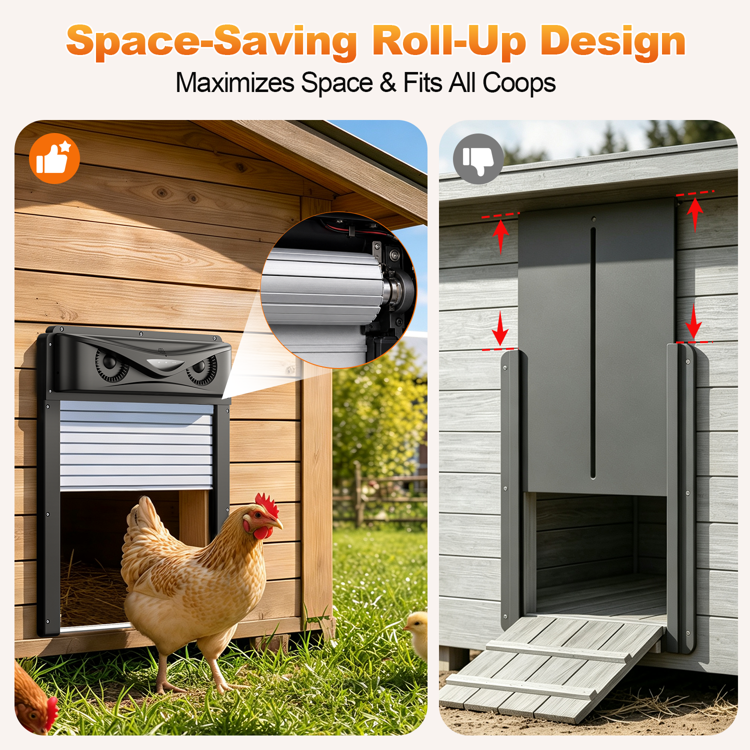 Automatic Chicken Coop Door with LCD Remote, 7W Solar Power, Timer, PIR Alarm & Anti-Pinch, Roll-Up Design