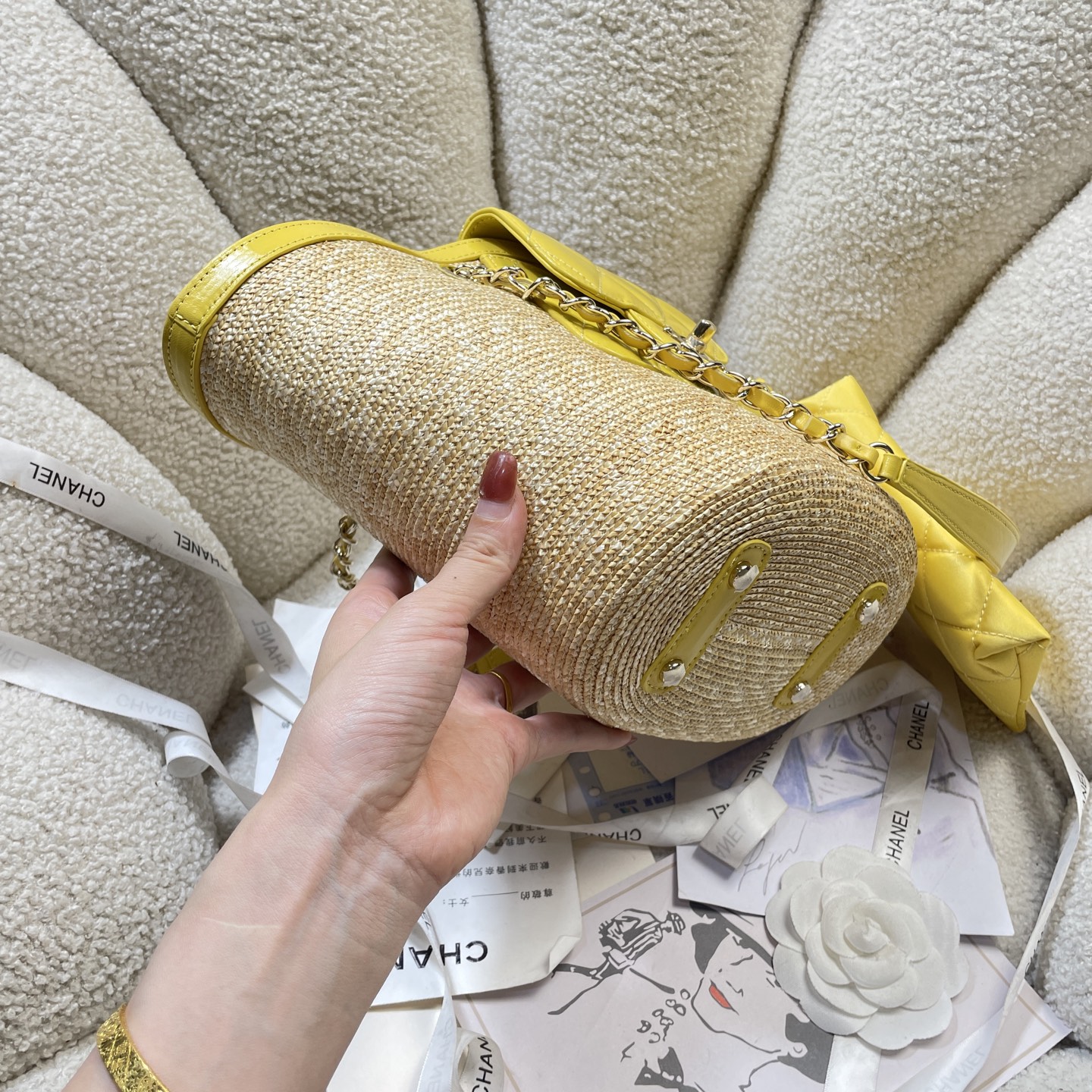 Straw and Lambskin Small Tote Bag with Pouch in Bright Yellow with Light Gold Hardware - Mocuir