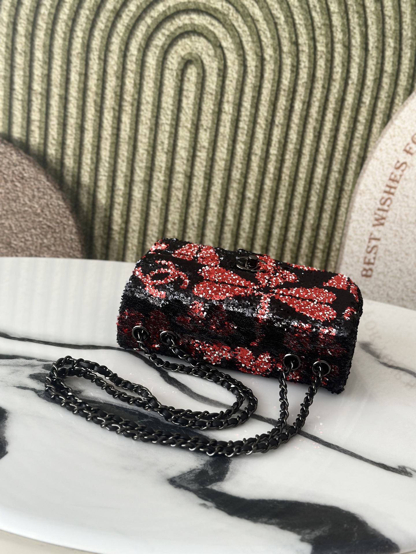 Limited Edition Red & Black Sequin Classic Flap Bag with Gunmetal Hardware - Mocuir