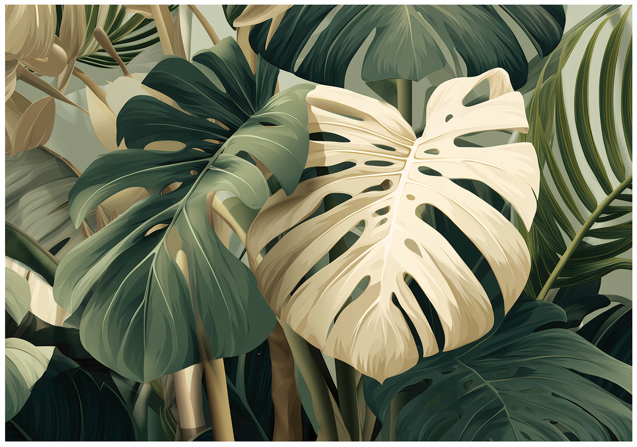 Monstera leaves wall mural, green, bedroom, living room, non-woven wallpaper,