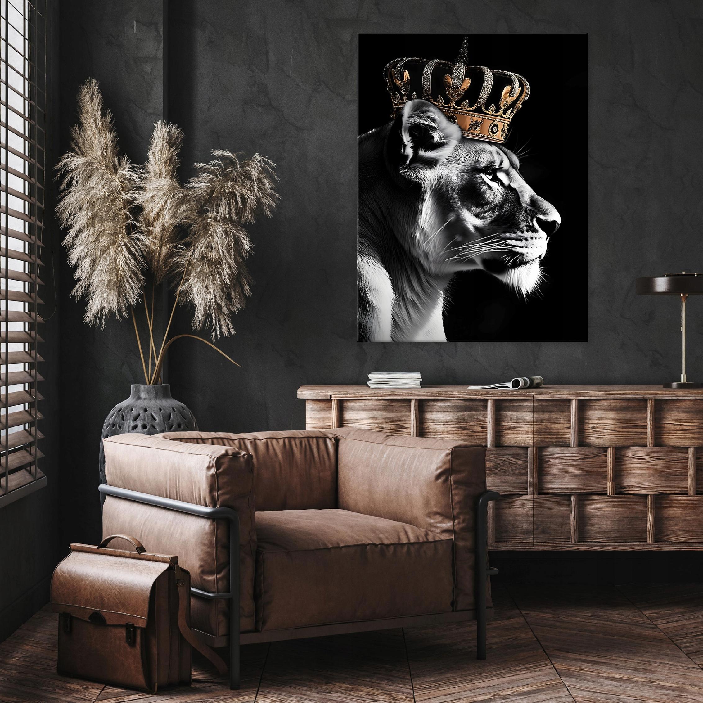 Canvas wall art: Lion with a motivational crown for the bedroom or living room (40x30)