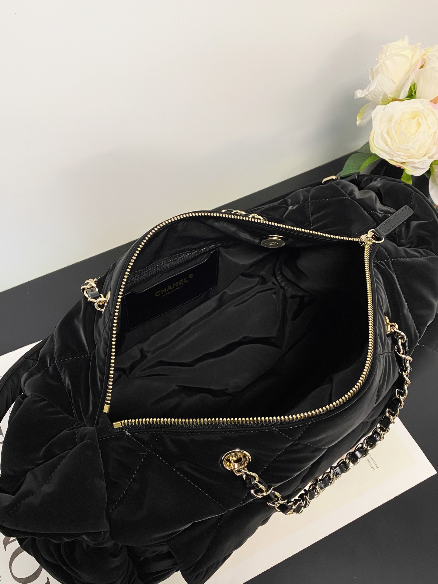 25N Ski Collection Large Hobo  Bowling Bag in Black Technical Suede Nylon with Gold Hardware (Model AM7141) - Mocuir