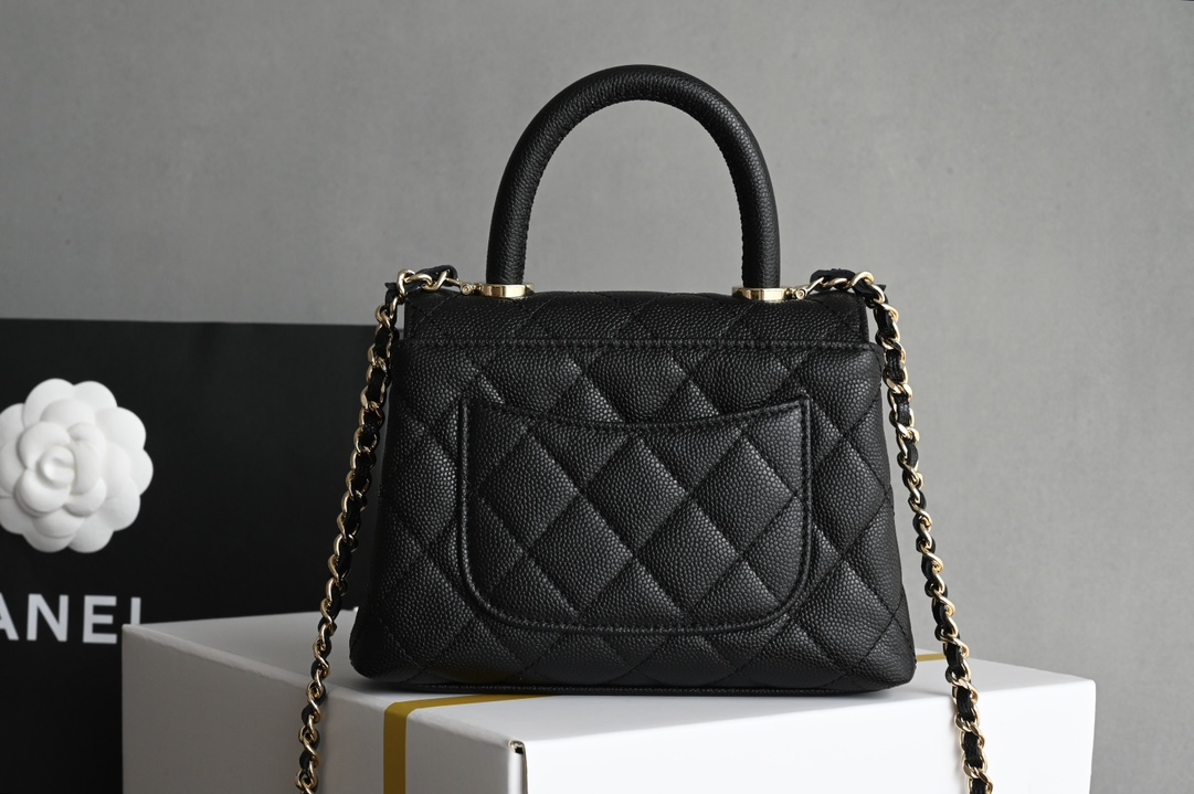 Coco Handle (Size 24) in Black Quilted Grained Calfskin (Caviar) with Light Gold-Tone Hardware (Model A92990) - Mocuir