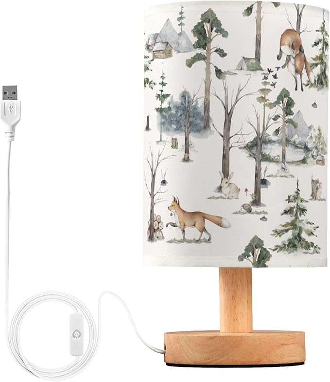TWINKLETALE Table Lamp Watercolor Woodland Animal Pattern Fox Rabbit Hedgehog Bird Nightstand Lamp