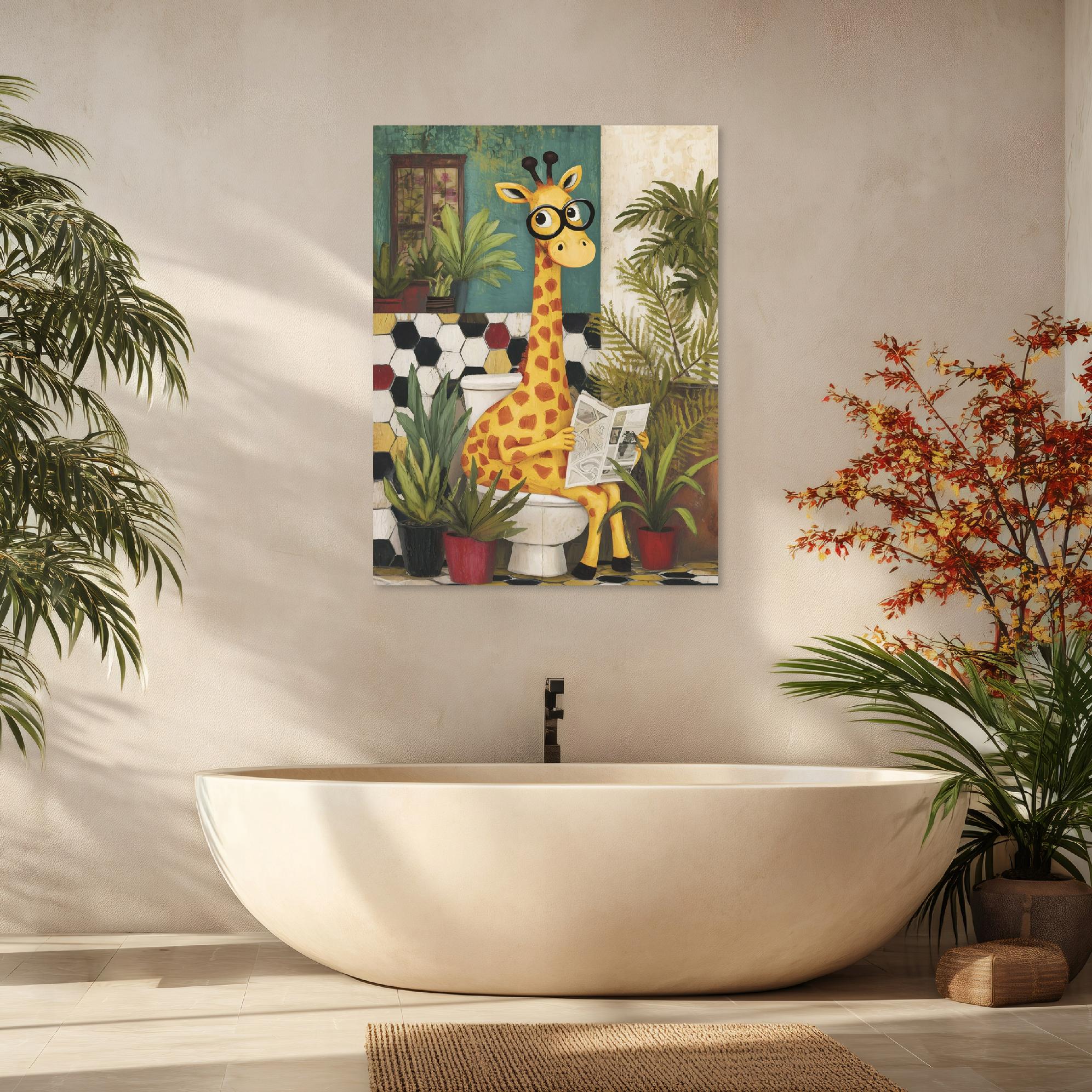 Funny giraffe and newspaper bathroom/toilet canvas print, 90x60 cm