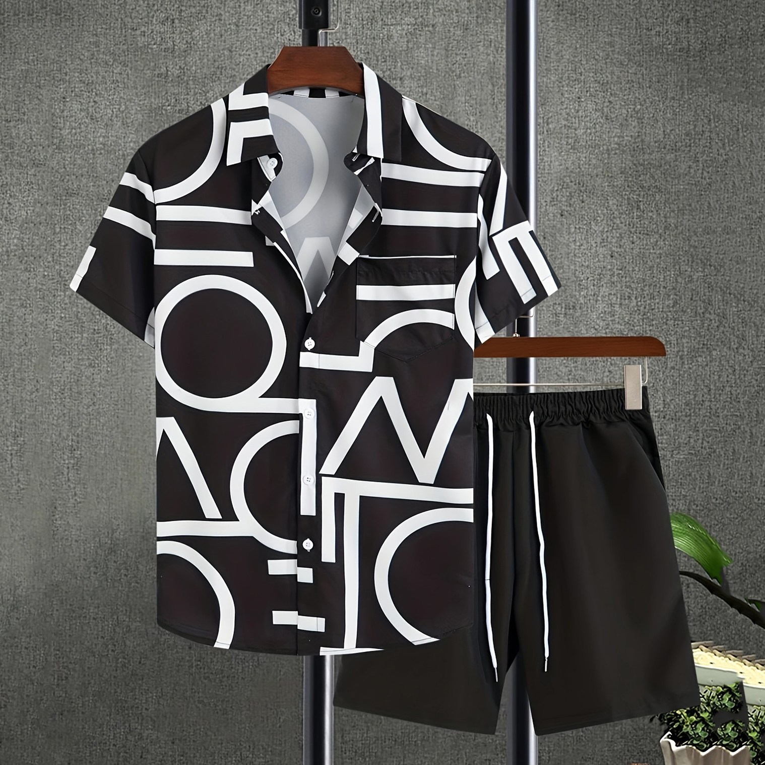 Men's Casual Geo Pattern Short Sleeve Shirt & Shorts 2Pcs Set