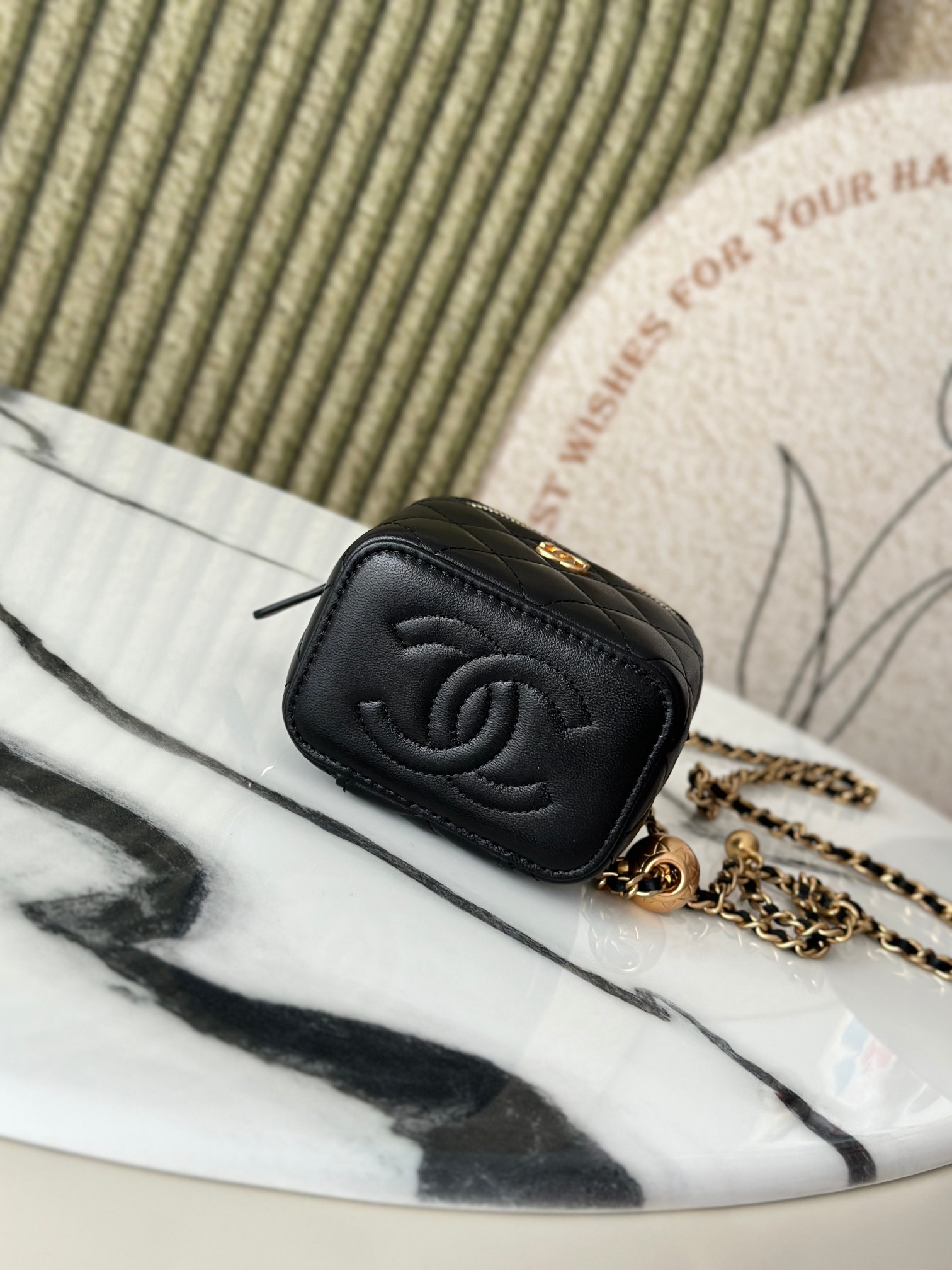 Mini Square Vanity Case with Adjustable Ball Chain in Black Quilted Lambskin with Gold-Tone Hardware - Mocuir