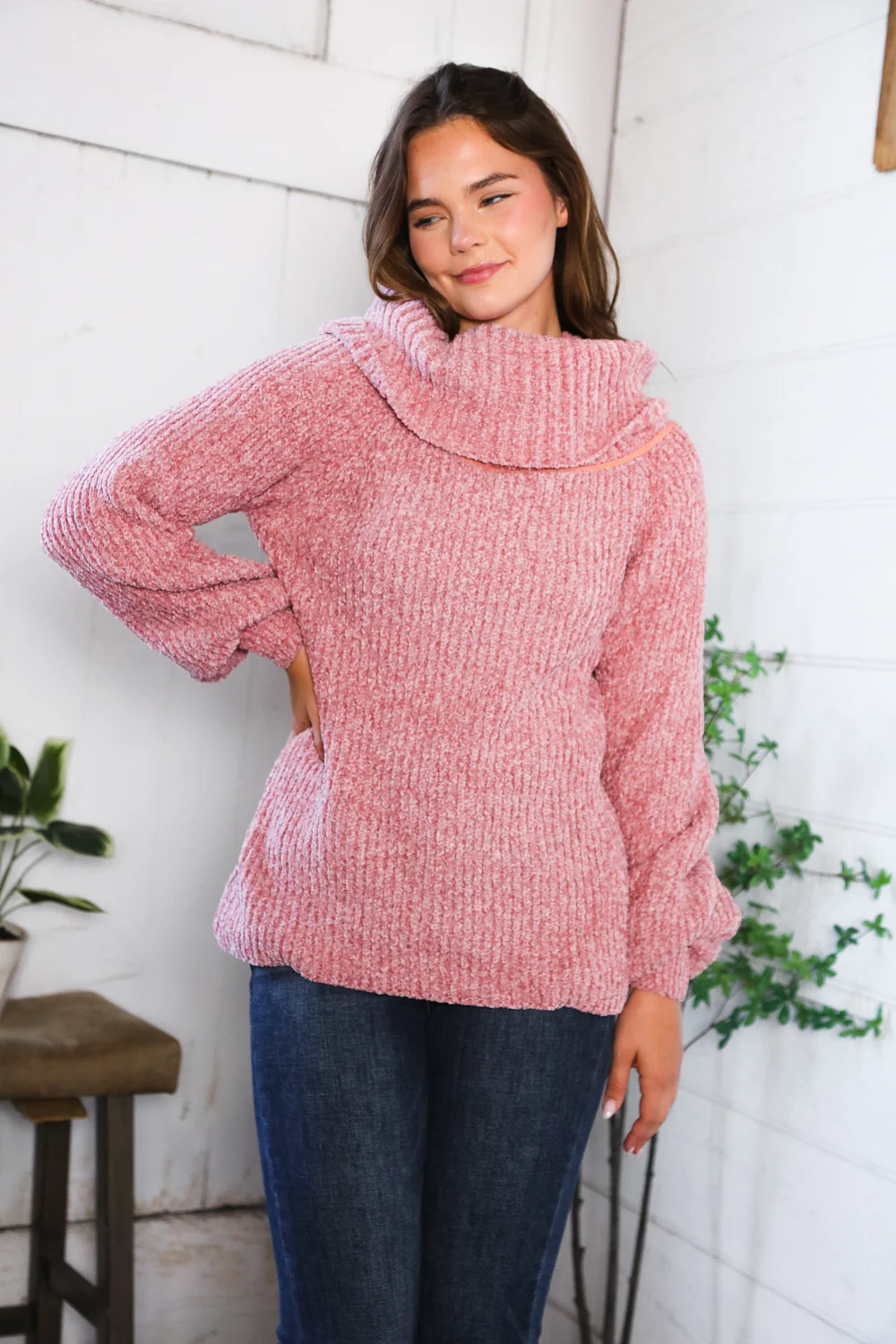 Mauve Thick Cowl Neck Sweater