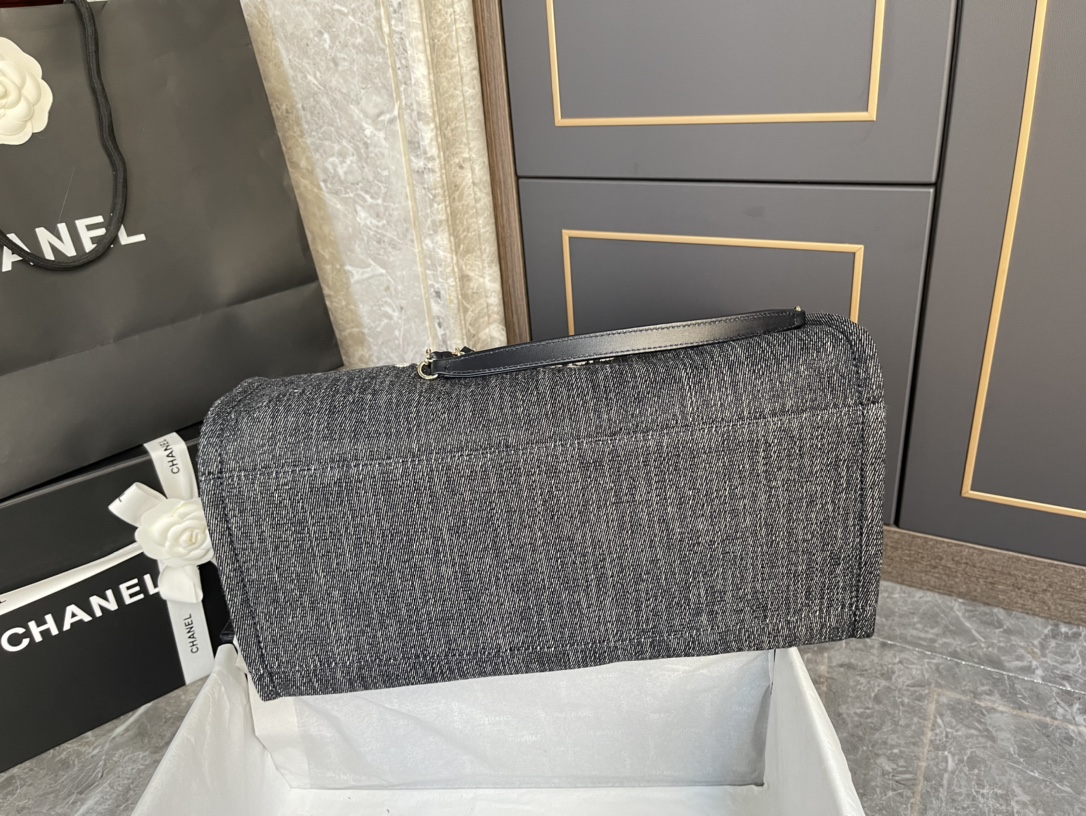 Deauville Large Quilted Denim Canvas Tote Bag with Gold-Tone Hardware - Mocuir