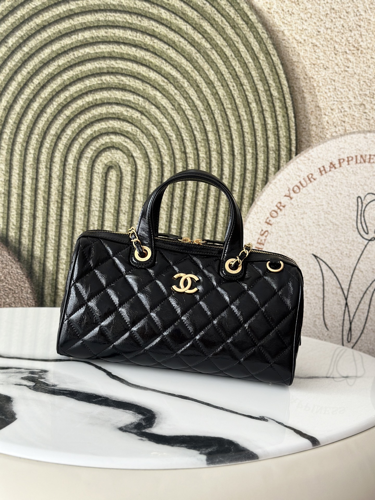 25A Black Oil Wax Calfskin Quilted Bowling Bag with Gold Hardware - Mocuir