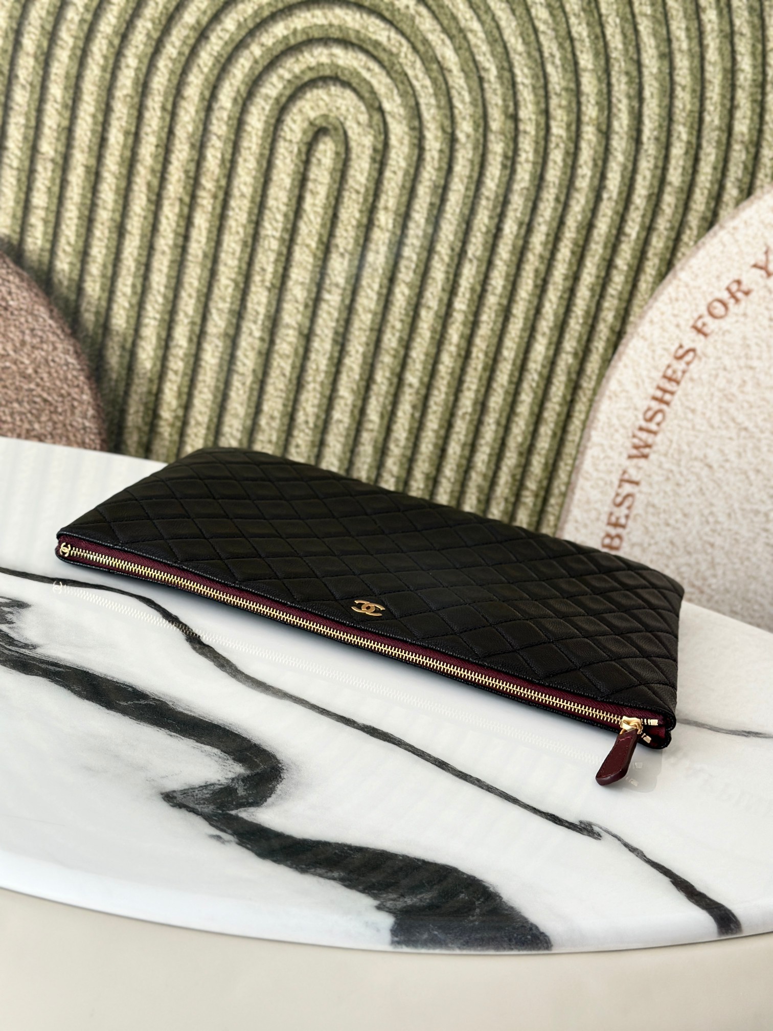 Classic Quilted Caviar Large Zip Pouch Document Case in Black with Gold-Tone Hardware - Mocuir