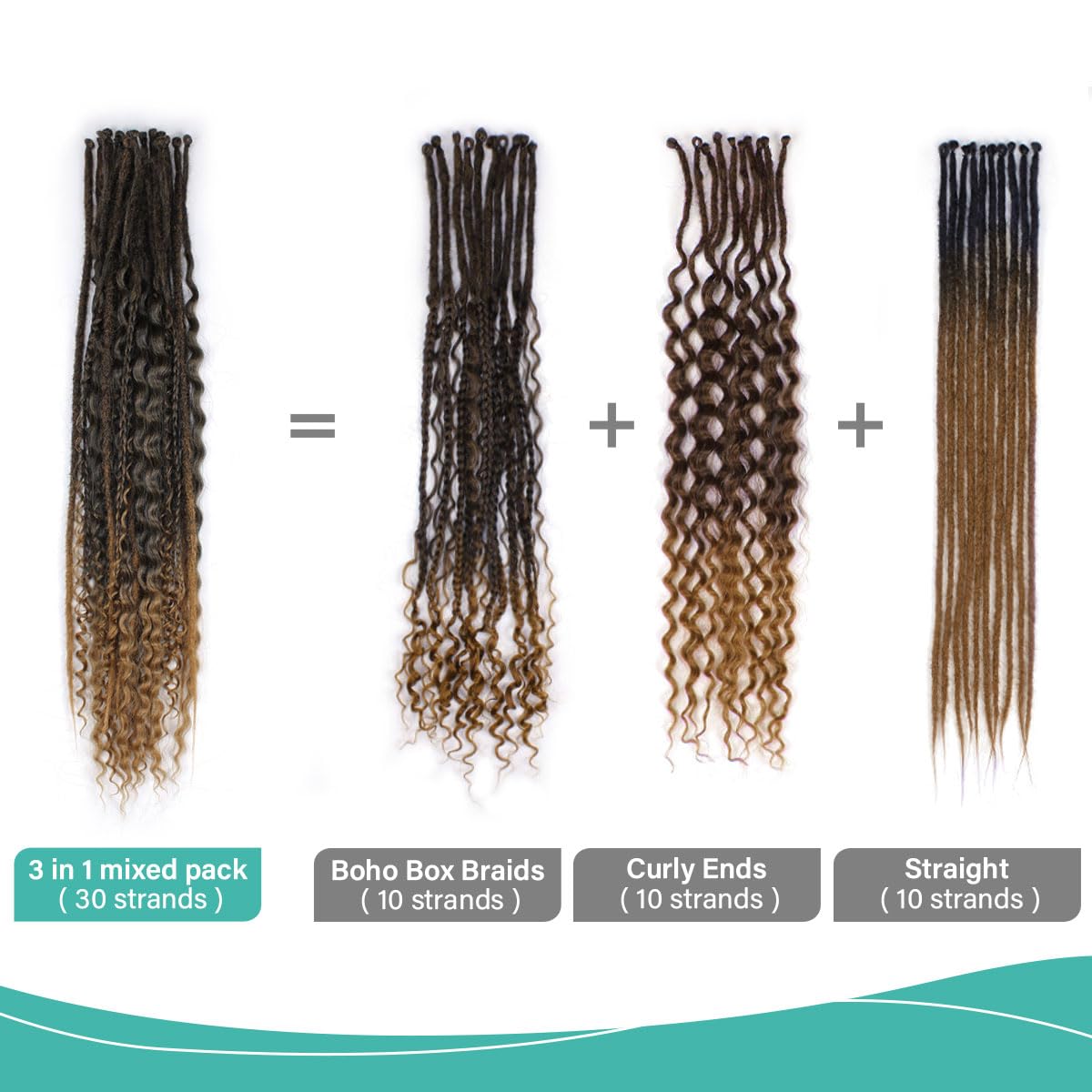 24 Inch 3 In 1 Dreadlock Extensions Sets, 30 Strands Mixed Ombre Brown Synthetic SE Dreads Extensions, 100% Handmade Soft Single Ended Curly Boho Wavy Dreads for Girls