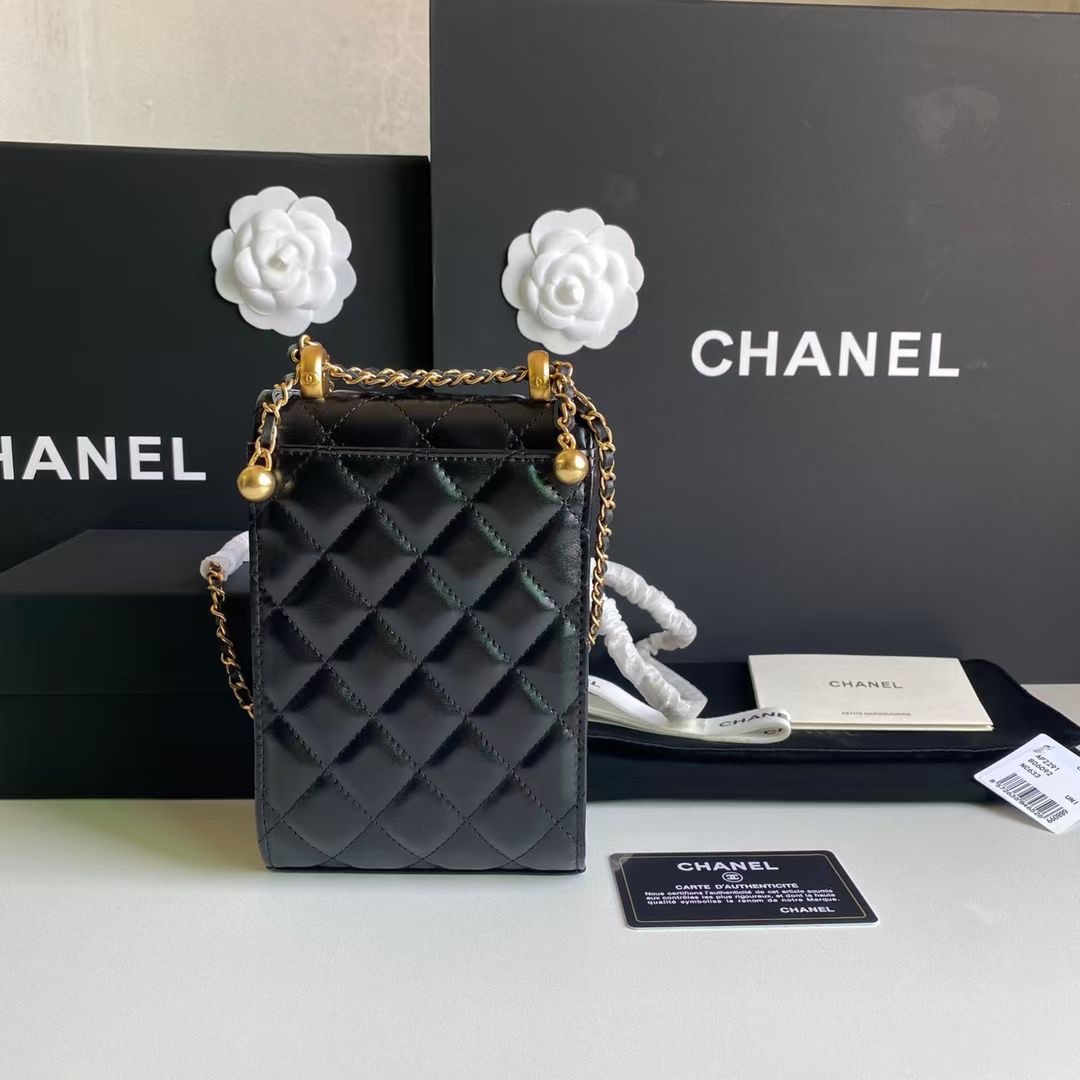 Classic Quilted Lambskin Phone Holder with Gold Ball Chain in Black (Gold Hardware) - Mocuir