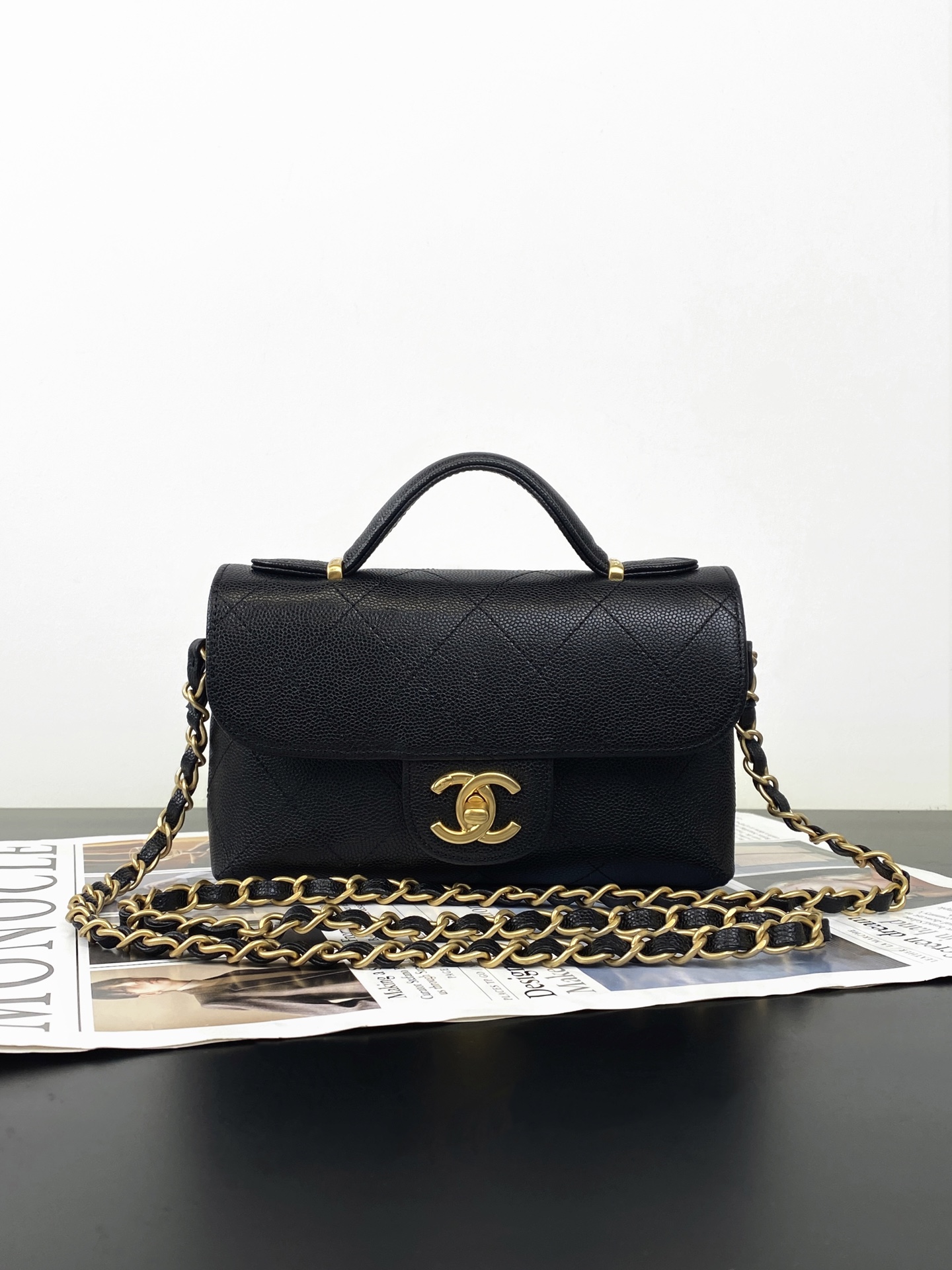 25K Black Quilted Caviar Calfskin Classic Flap with Top Handle & Gold Hardware - Mocuir