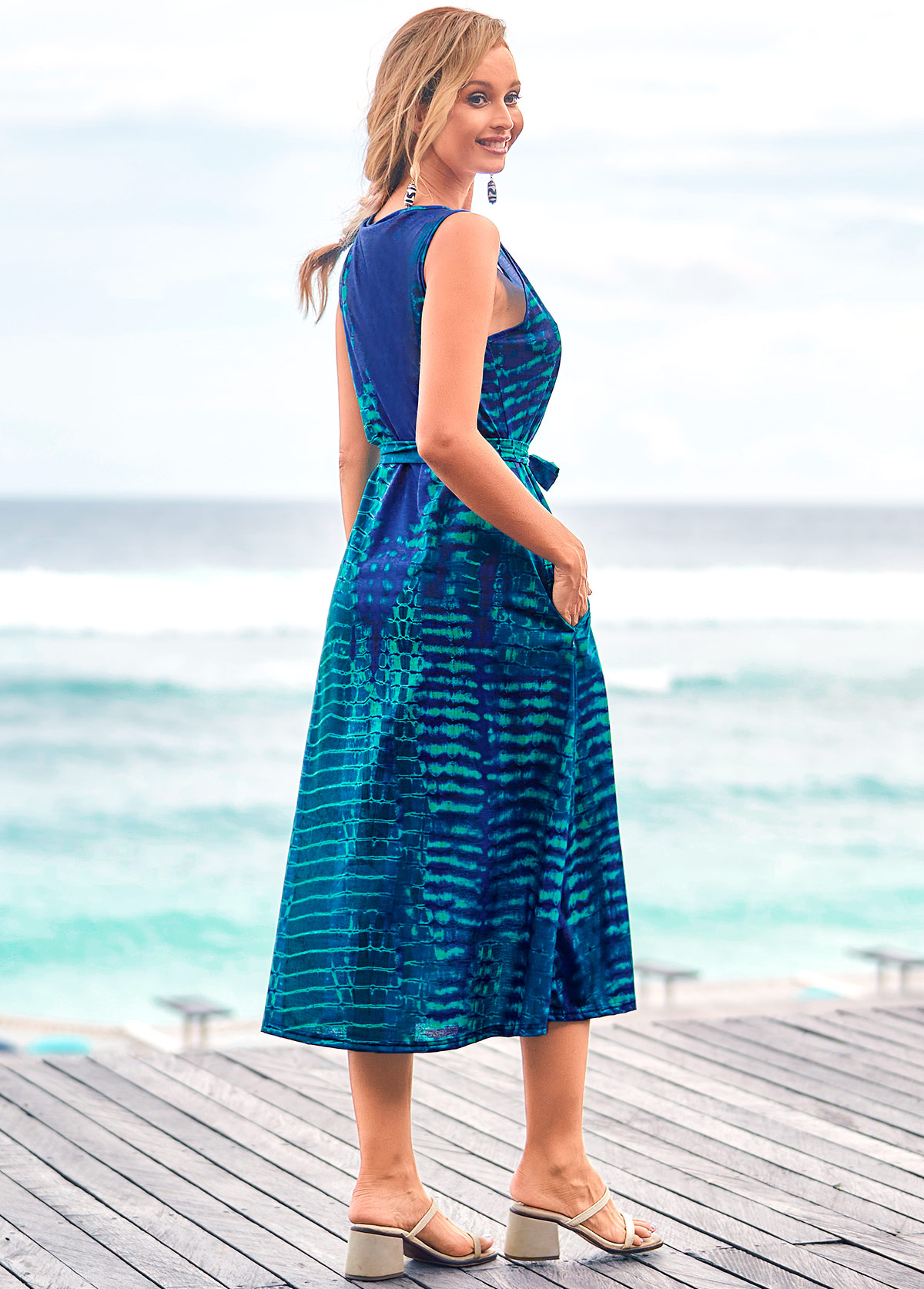 Tie Dye Print Sleeveless Belted Green Dress