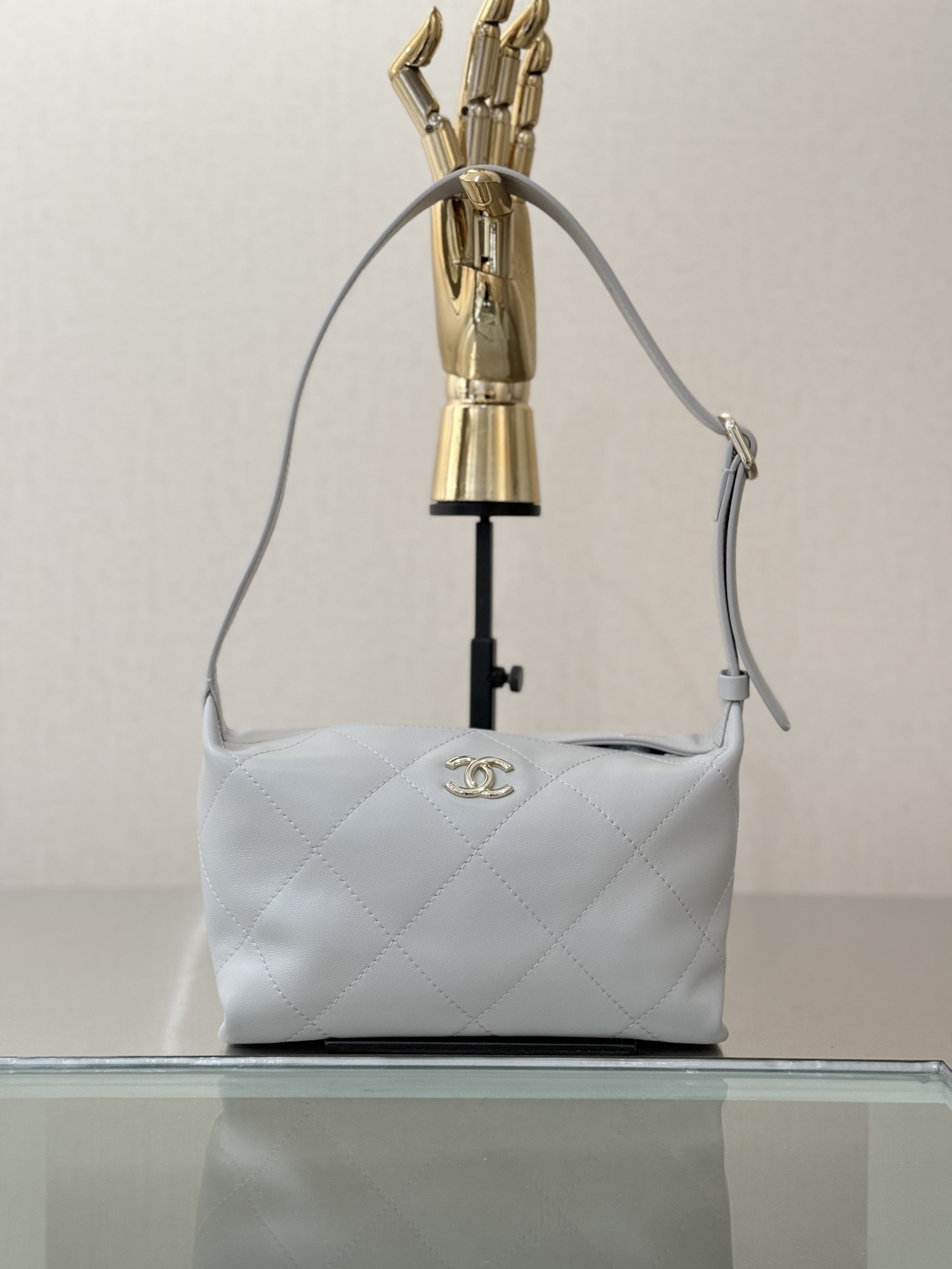 26P Hobo Shoulder Bag in Light Grey Quilted Lambskin with Light Gold-Tone Hardware - Mocuir