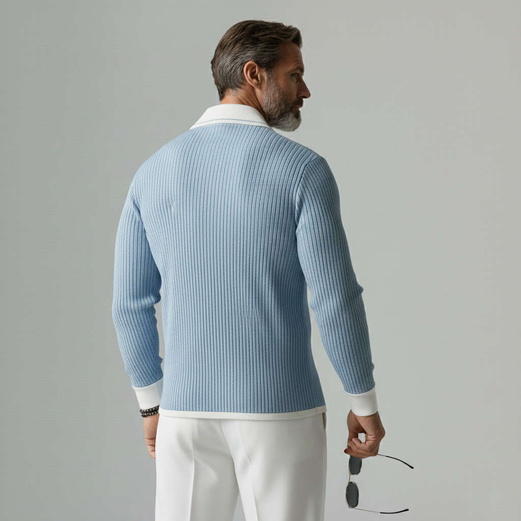 Men's Light Blue Contrast Trim Two-Way Zipper Long Sleeve Ribbed Knit Shirt
