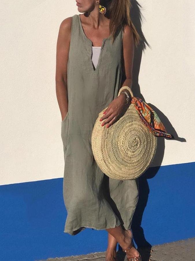 Sleeveless V Neck Shift Casual Dress