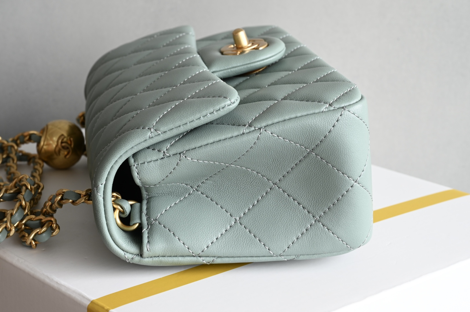 Classic Flap Large Mini with Adjustable Ball Chain in Mint Green Lambskin with Light Gold-Tone Hardware (Model AS1787) - Mocuir