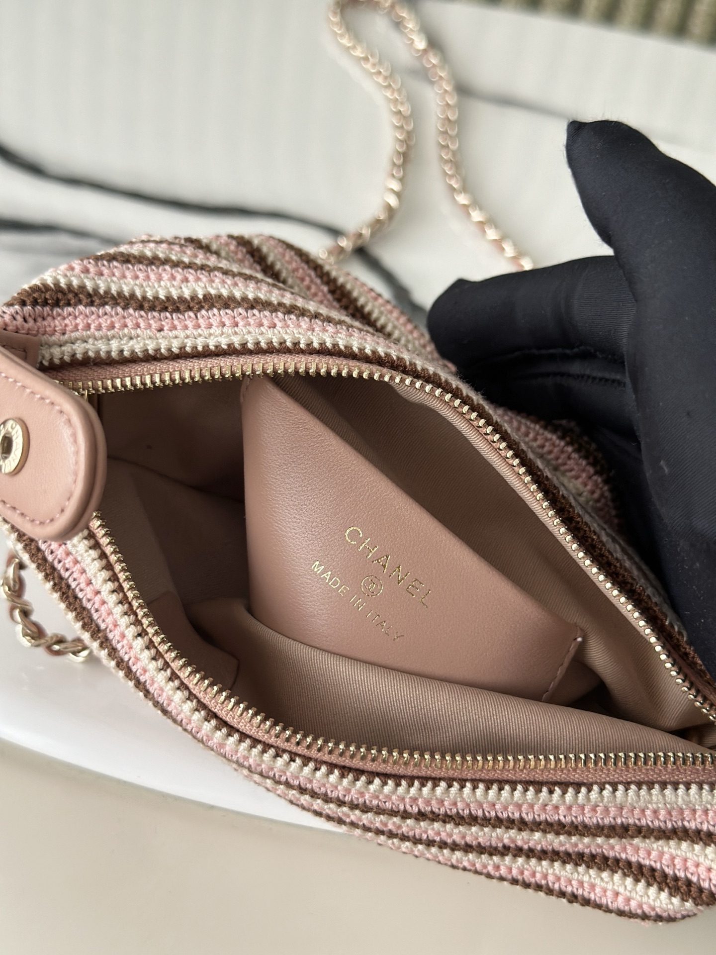 26P Cruise Mini Hobo Pouch with Chain in Pink/Brown/White Striped Crochet and Lambskin with Light Gold-Tone Hardware - Mocuir