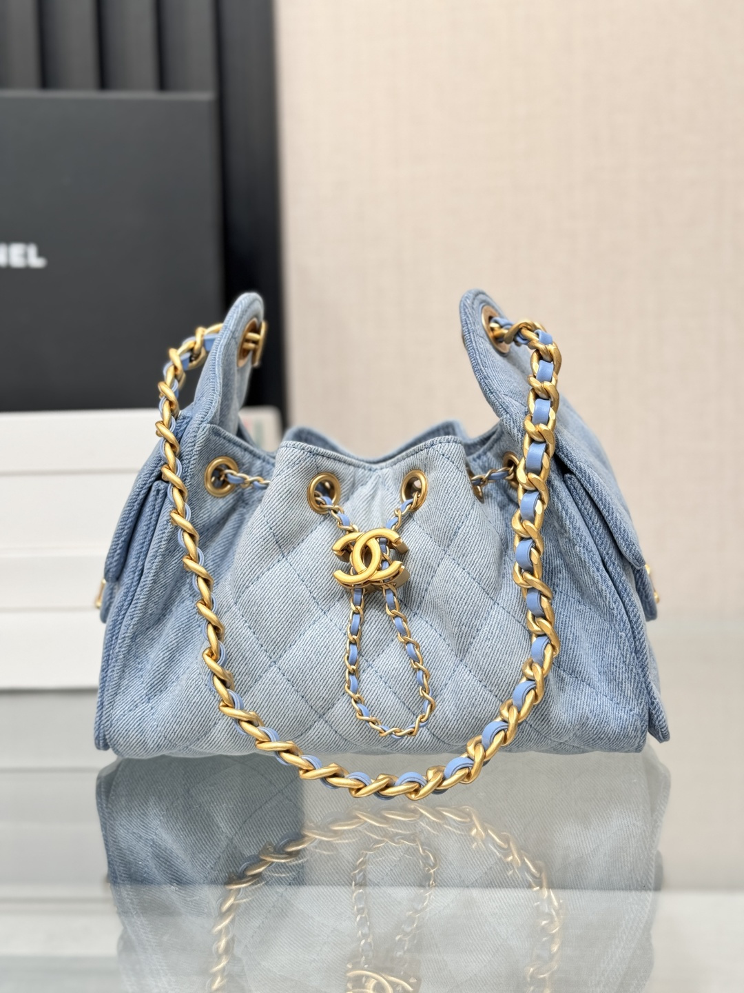 25 Small Hobo Bag (AS5293) in Light Blue Washed Denim & Antique Gold-Tone Hardware - Mocuir