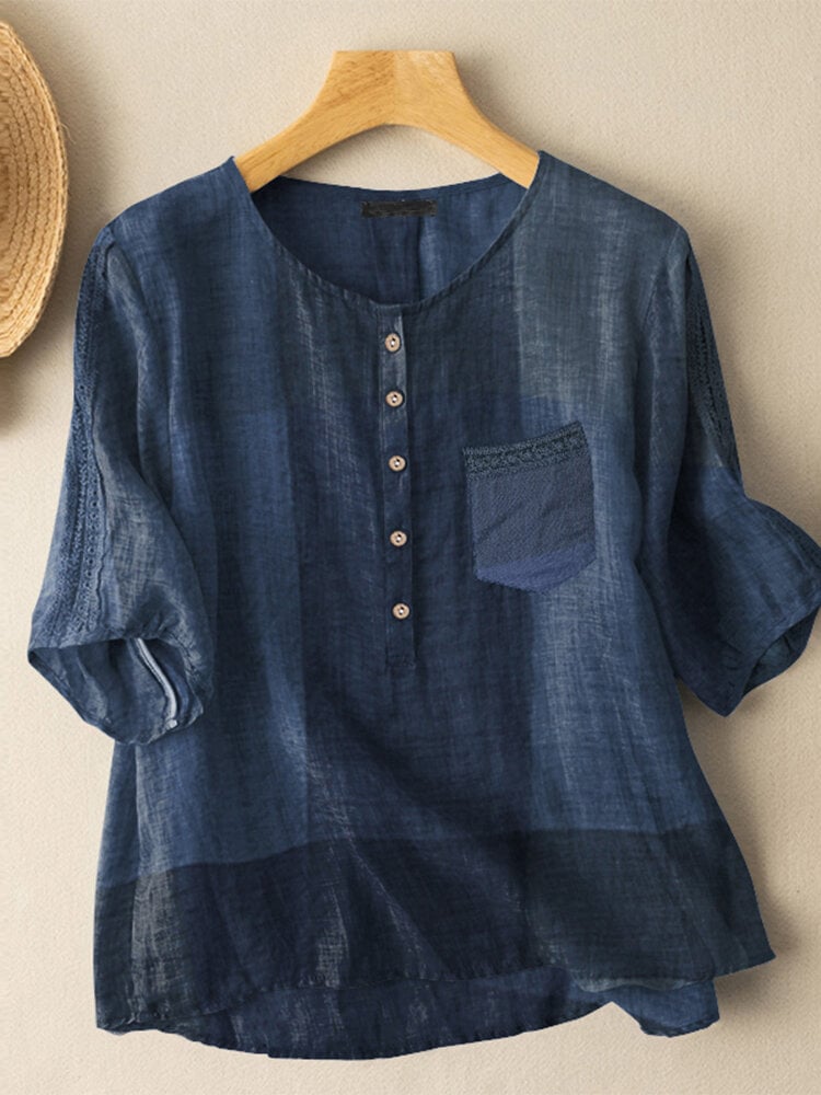 Plaid Pattern Pocket Button Front Crew Neck Blouse