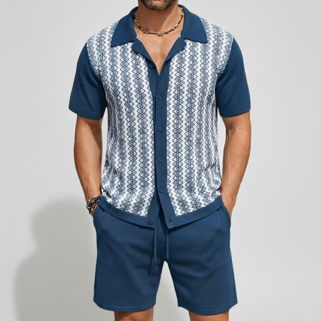 Men's Vacation Color Block Short Sleeve Jacquard Knit Shirt & Shorts 2Pcs Set